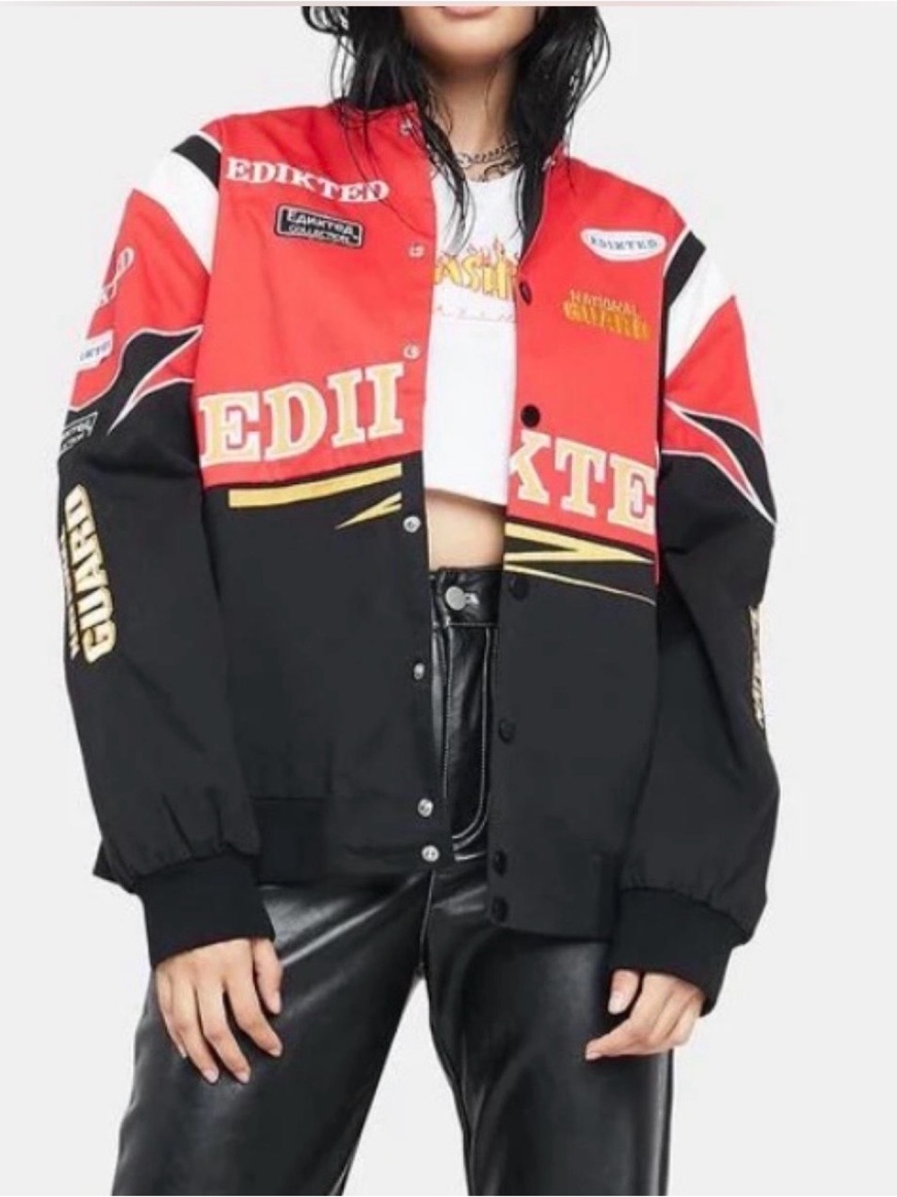 Edikted Red, Black & White Racing Varsity Jacket